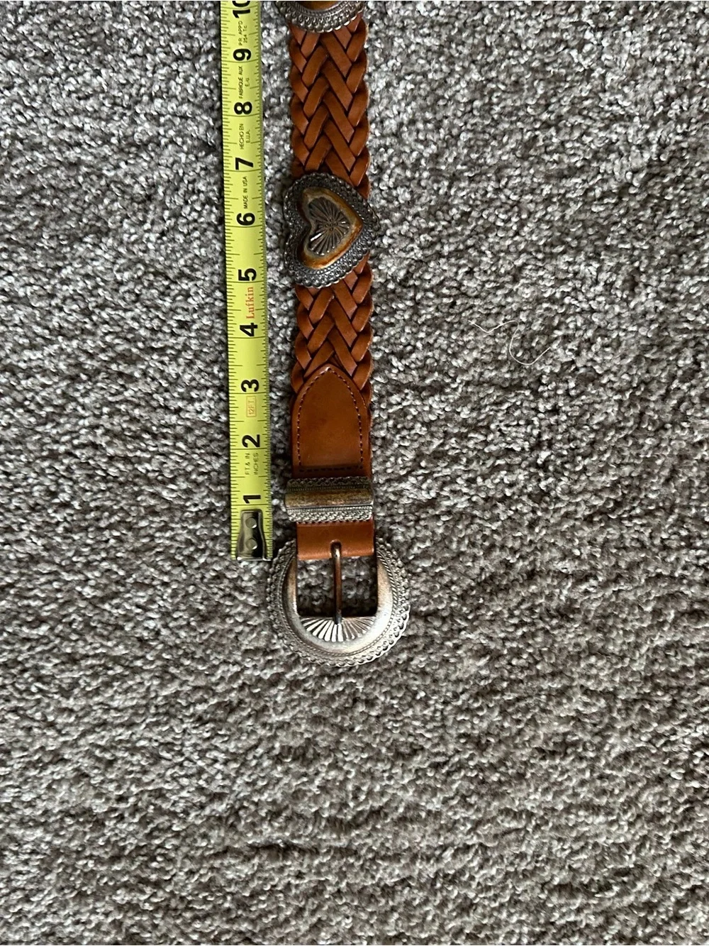 Brighton Braided Leather Belt with Heart Conchos in Chestnut Brown and Silver